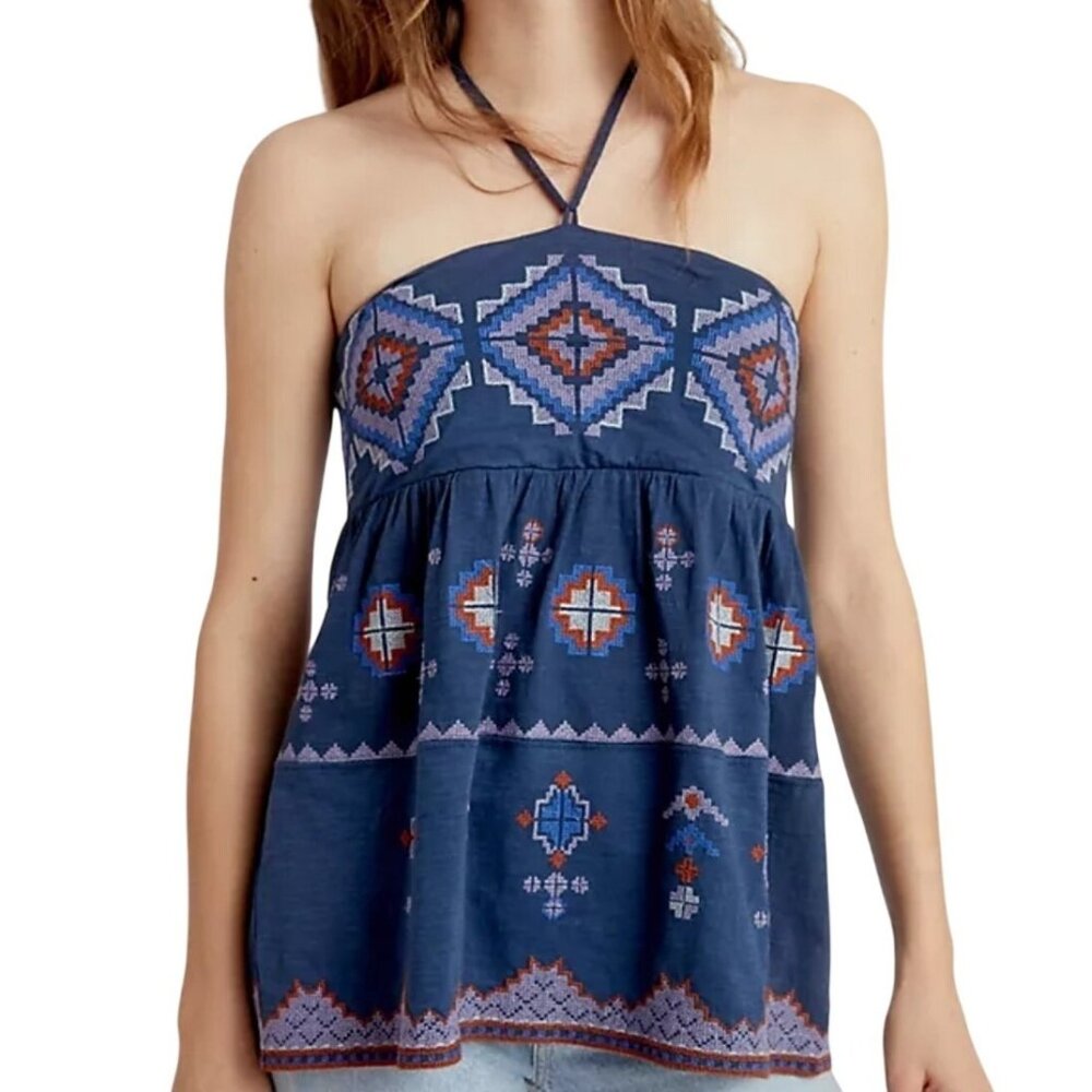 Embroidered Navy Strapless Halter Women's Top